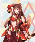  1girl :o absurdres animal_ear_fluff animal_ears arm_up avochan113 bandeau bare_shoulders black_thighhighs breasts breasts_apart brown_hair commentary cosplay cowboy_shot detached_sleeves english_commentary fate/grand_order fate_(series) gold_trim hand_on_hilt highres loincloth long_hair long_sleeves medium_breasts mixed-language_commentary mordred_(fate) mordred_(fate)_(cosplay) mordred_(fate/apocrypha) mordred_(third_ascension)_(fate) navel open_mouth raccoon_ears raccoon_girl raccoon_tail raphtalia red_bandeau red_eyes red_loincloth red_sleeves solo standing stomach straight_hair tail tassets tate_no_yuusha_no_nariagari teeth thighhighs underboob upper_teeth_only 
