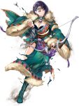  1girl arrow_(projectile) black_shorts boots bow_(weapon) breasts cleavage dirty dirty_clothes dirty_face dress fingernails fire_emblem fire_emblem:_three_houses fire_emblem_heroes fur-trimmed_dress fur-trimmed_sleeves fur_trim green_boots green_dress grimace highres holding holding_arrow holding_bow_(weapon) holding_weapon large_breasts leg_up mongolian_clothes official_alternate_costume official_art purple_eyes purple_hair quiver shamir_nevrand shorts solo tassel torn_clothes transparent_background weapon wide_sleeves yamada_koutarou 