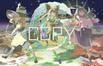  3girls :d ;d apron ascot black_hat black_shoes black_skirt black_socks black_vest blonde_hair blue_skirt bow braid brown_hair closed_mouth collared_shirt commentary_request detached_sleeves frilled_bow frilled_hair_tubes frilled_skirt frills frog_hair_ornament full_body gohei green_eyes green_hair hair_bow hair_ornament hair_tubes hakurei_reimu hat hat_bow holding holding_gohei kirisame_marisa kiyonetto kneehighs kochiya_sanae long_hair looking_at_viewer multiple_girls one_eye_closed pink_bow red_bow red_eyes red_skirt ribbon-trimmed_sleeves ribbon_trim shirt shoes side_braid single_braid single_hair_tube skirt skirt_set sleeveless sleeveless_shirt smile snake_hair_ornament socks touhou translation_request vest waist_apron white_apron white_bow white_shirt white_socks witch_hat yellow_ascot yellow_eyes 