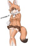  1girl animal_ears black_shirt blush brown_eyes brown_hair brown_legwear brown_skirt commentary cosplay cowboy_shot dhole_(kemono_friends) dog_ears dog_girl dog_tail extra_ears fur_trim gloves highres island_fox_(kemono_friends) island_fox_(kemono_friends)_(cosplay) jacket kemono_friends light_brown_hair long_sleeves looking_at_viewer multicolored_hair necktie orange_jacket pleated_skirt scarf shirt short_hair skirt solo tail thighhighs translation_request uf34a white_fur white_gloves white_hair white_necktie white_scarf zettai_ryouiki 