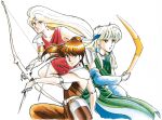  1990s_(style) 3girls arm_warmers armlet armor arrow_(projectile) bare_shoulders belt black_choker blonde_hair blood blood_on_knife blue_eyes bow_(weapon) bracelet brown_eyes brown_hair choker clothing_request earrings english_commentary forehead_jewel gloves gold_armlet hair_tubes holding holding_arrow holding_boomerang holding_bow_(weapon) holding_weapon jewelry knife laia_ii_(phantasy_star) luise_(phantasy_star) lynn_(phantasy_star) multiple_girls official_art ozaki_toyo pauldrons phantasy_star phantasy_star_iii ponytail retro_artstyle shoulder_armor sidelocks silver_armlet silver_bracelet silver_earrings simple_background single_pauldron time_paradox trait_connection weapon white_background white_belt 