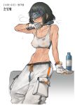  1girl abs absurdres adjustable_wrench arknights arknights:_endfield arm_support baggy_pants black_hair black_mask blindfold_mask breasts cargo_pants commentary_request crop_top endministrator_(arknights) female_endministrator_(arknights) gloves highres holding holding_wrench korean_commentary mask pants ranger_squirrel short_hair small_breasts solo sweat tank_top toned toned_female very_sweaty white_gloves white_pants wiping_sweat wrench 