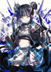  +_+ 1girl absurdres belt black_gloves black_hair black_jacket black_nails black_thighhighs blue_belt blue_hair blue_overskirt blunt_bangs blush boots buckle choker cleavage_cutout clothing_cutout commentary_request crop_top cropped_jacket cropped_shirt double_bun ear_piercing earclip earrings fingerless_gloves garter_straps gloves grey_choker grey_hair grey_shirt grey_skirt hair_bun hair_extensions harusaruhi highres jacket jewelry kamitsubaki_studio large_earrings light_blush lipstick long_hair long_sleeves looking_at_viewer makeup mandarin_collar midriff multicolored_hair multicolored_jacket multiple_earrings nail_polish naturally_detached_hair navel noranekogahara official_alternate_costume one_eye_closed open_clothes open_jacket orange_eyes overskirt pencil_skirt piercing pink_lips platform_boots print_jacket shirt sidelocks simple_background skirt smile snap-fit_buckle solo striped_clothes striped_jacket thighhighs zipper 