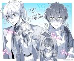  2boys absurdres belt belt_buckle blue_background blush border buckle checkered_clothes closed_mouth coat commentary_request crossed_bangs greyscale greyscale_with_colored_background hair_between_eyes highres jacket long_sleeves male_focus mizoe_yousuke monochrome multiple_boys neck_warmer necktie nijuuseiki_denki_mokuroku open_clothes open_jacket open_mouth pants saba_miso sakamoto_kihachi shirt short_hair speech_bubble translation_request twitter_username vest waistcoat watermark white_border yaoi 
