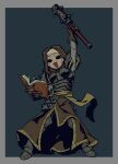  1girl :d arm_up armor book border breasts commentary darkest_dungeon english_commentary gloves grey_border highres holding holding_book holding_mace holding_weapon hollow_eyes leather leather_gloves mace medium_breasts open_book pauldrons plate_armor sabaton sash shoulder_armor simple_background smile solo spiked_mace spiked_pauldrons spikes vestal_(darkest_dungeon) waa153 weapon wimple 