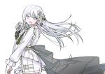  1girl :d bang_dream! bang_dream!_our_notes commentary_request dress flower from_side hair_flower hair_ornament kochira_koufuku_anshin_iinkai_desu_(vocaloid) korean_commentary layered_dress long_hair looking_at_viewer microphone_stand open_mouth ribbon shiomi_hotaru simple_background smile solo white_background white_dress white_eyes white_flower white_hair white_ribbon yojeong_dimseom 