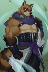  1boy abs animal_ears artist_name bara clenched_hand closed_mouth cross_scar dandythelionn english_commentary facing_viewer falling_leaves fortnite furry furry_male hajime_(fortnite) highres leaf male_focus muscular muscular_male pectorals purple_scarf raccoon_boy raccoon_ears raccoon_tail scar scar_across_eye scar_on_face scarf tail twitter_username 