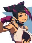  1girl asymmetrical_bangs black_hair bracelet breasts commentary cropped_vest fingerless_gloves gloves hair_horns han_juri heterochromia jewelry korean_commentary lineni looking_at_viewer medium_breasts mma_gloves multicolored_hair parted_lips pink_streaks smile solo spiked_bracelet spikes streaked_hair street_fighter street_fighter_6 upper_body vest white_vest 