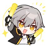  1boy arm_up caelus_(honkai:_star_rail) chibi chibi_only fingerless_gloves gloves glowstick grey_hair holding honkai:_star_rail honkai_(series) jacket light_blush male_focus official_art open_mouth shirt short_hair sleeves_rolled_up solo trailblazer_(honkai:_star_rail) white_shirt yellow_eyes 