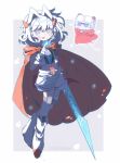 1girl :d absurdres blue_hair border braid cape character_name chinese_commentary clothed_robot commentary_request crown_braid d_jun_quan_kending_bot full_body gloves hair_intakes hand_up highres holding holding_sword holding_weapon humanization humanoid_and_humanization index_finger_raised kotobukiya_bishoujo looking_at_viewer mecha open_clothes open_mouth open_vest outside_border red_cape robot shorts smile snow solo starscream starscream_(kotobukiya_bishoujo) starscream_(shattered_glass) sword transformers transformers:_shattered_glass vest weapon white_border white_gloves white_hair white_shorts white_vest 