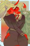 2girls absurdres black_jacket black_skirt blue_hair colored_skin demon_girl demon_horns fang glasses green_eyes green_hair guru.zong hand_on_another's_ass highres horns imminent_kiss incest jacket kneesocks_(psg) long_hair looking_at_viewer multiple_girls necktie panty_&amp;_stocking_with_garterbelt ponytail red_necktie red_skin scanty_(psg) school_uniform shirt siblings sisters skirt white_shirt yuri 