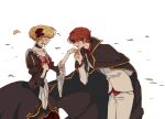  1boy 1girl absurdres beatrice_(umineko) black_cape black_dress blonde_hair blue_eyes blush bow bowing braid braided_bun cape choker closed_eyes collarbone commentary_request couple cross dress falling_leaves from_side front_bow gothic_lolita hair_bow hair_bun highres holding_hands kiss kissing_hand korean_commentary leaf lolita_fashion mikjiiii open_mouth pants pink_bow puffy_sleeves red_hair red_shirt shirt short_hair simple_background sketch smile suit surprised sweatdrop umineko_no_naku_koro_ni ushiromiya_battler vest white_background white_pants white_suit white_vest wide_sleeves 