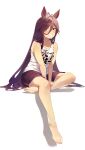  1girl :d animal_ears bare_shoulders barefoot black_shorts brown_hair clothes_writing commentary_request figure_four_sitting grin hair_between_eyes highres horse_ears horse_girl horse_tail invisible_chair long_hair looking_at_viewer no_reason_(casual)_(umamusume) no_reason_(umamusume) peruu shorts sitting smile solo tail tank_top umamusume very_long_hair white_tank_top yellow_eyes 