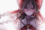  1girl annin_cha bare_shoulders bloom blush bow brown_hair crying crying_with_eyes_open detached_sleeves face frills gohei hair_between_eyes hair_bow hair_tubes hakurei_reimu highres long_hair looking_at_viewer solo tears touhou upper_body 