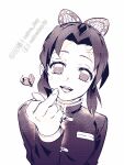  1girl :d anger_vein bangs broken_heart butterfly_hair_ornament commentary_request demon_slayer_uniform false_smile finger_heart hair_ornament hand_up kimetsu_no_yaiba kochou_shinobu long_sleeves looking_at_viewer middle_finger monochrome naive_(day) open_mouth parted_bangs sidelocks simple_background smile solo twitter_username updo upper_body 