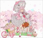  1girl :d basket bicycle briefcase cake cherry_blossom_cookie cherry_blossoms cookie cookie_run dress flower food frilled_sleeves frills ground_vehicle hair_flower hair_ornament hakusai_(tiahszld) holding holding_umbrella house humanization juliet_sleeves long_sleeves mailbox_(incoming_mail) neck_ribbon parasol petticoat pink_dress pink_flower pink_footwear pink_hair pink_ribbon puffy_sleeves ribbon smile socks solo tree two_side_up umbrella white_flower white_legwear wide_sleeves 
