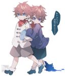  2boys azuma_(azuma10270724) bandaid bandaid_on_cheek bandaid_on_face bangs blue_eyes brown_hair child closed_mouth dual_persona genshin_impact hair_between_eyes holding holding_stuffed_toy male_focus multiple_boys purple_eyes red_scarf scarf shorts simple_background speech_bubble stuffed_animal stuffed_toy tartaglia_(genshin_impact) tears translation_request twitter_username walking white_background younger 