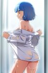  1girl ass bangs blue_eyes blue_hair breasts cowboy_shot dress_shirt dripping eyebrows_visible_through_hair long_sleeves medium_breasts mirai_(super_real_mahjong) naked_shirt non-web_source off_shoulder official_art open_mouth photoshop_(medium) profile shirt short_hair solo super_real_mahjong tanaka_ryou wet wet_clothes wet_shirt white_shirt 