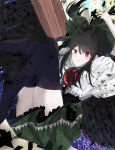  1girl arm_cannon bangs bird_wings black_hair black_legwear black_wings blush bow center_frills closed_mouth commentary_request control_rod eyebrows_visible_through_hair feet_out_of_frame frilled_skirt frills green_bow green_skirt hair_between_eyes hair_bow highres long_hair looking_at_viewer puffy_short_sleeves puffy_sleeves red_eyes reiuji_utsuho seo_ao shirt short_sleeves skirt smile solo thighhighs third_eye touhou weapon white_shirt wings 
