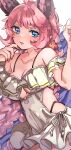  1girl absurdres animal_ears bangs bare_shoulders blue_eyes breasts casual_one-piece_swimsuit cleavage clothing_cutout collared_shirt erune flower frilled_swimsuit frills granblue_fantasy hair_flower hair_ornament highres lips medium_breasts one-piece_swimsuit osakana_(rrg0123) parted_lips pink_shirt shirt side_cutout solo swimsuit tien_(granblue_fantasy) tri_braids tri_tails underboob_cutout white_swimsuit 