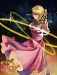  1264276395 1girl absurdres blonde_hair dress freckles highres looking_at_viewer pink_dress ponytail rachel_(tower_of_god) sidelocks solo tower_of_god yellow_eyes 