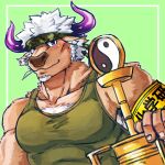  1boy animal_ears animal_nose armband bara bare_shoulders brown_fur camouflage camouflage_headwear chest_hair cow_ears cow_horns facial_hair furry furry_male goatee green_background green_tank_top headband hiryuu_(hiryuuuuuuuuu) holding holding_syringe holding_weapon horns huge_weapon large_pectorals leaf looking_at_viewer male_focus minotaur mouth_hold muscular muscular_male pectorals purple_eyes purple_horns shennong_(housamo) smile solo stalk_in_mouth syringe tank_top tokyo_afterschool_summoners weapon white_hair yin_yang yin_yang_print 