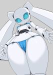  1girl android bikini blue_bikini blue_eyes blue_sclera breasts cameltoe colored_sclera colored_skin drossel_von_flugel fireball_(series) from_below grey_background joints micro_bikini no_mouth pochincoff robot robot_joints simple_background small_breasts solo standing swimsuit twintails white_skin 