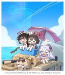  4girls ahoge azusa_(blue_archive) azusa_(swimsuit)_(blue_archive) bangs bare_shoulders beach_umbrella bikini black_hair blonde_hair blue_archive blue_sky blush breasts brown_hair chibi cleavage closed_eyes cloud day donmin_h eyebrows_visible_through_hair eyewear_on_head flower ground_vehicle hair_between_eyes hair_ornament hair_ribbon heart hifumi_(blue_archive) hifumi_(swimsuit)_(blue_archive) holding large_breasts long_hair mashiro_(blue_archive) mashiro_(swimsuit)_(blue_archive) military military_vehicle motor_vehicle multiple_girls official_art open_mouth outdoors ponytail ribbon sky smile sunglasses swimsuit tank tsurugi_(blue_archive) tsurugi_(swimsuit)_(blue_archive) umbrella very_long_hair 