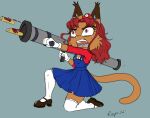  2022 anthro breasts cleavage clothed clothing dipstick_ears domestic_cat felid feline felis female fur hair in_abyss legwear mammal multicolored_ears open_mouth orange_body orange_fur pink_nose raye_(in_abyss) red_eyes red_hair solo thigh_highs 