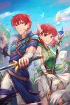  bird brother_and_sister crow fire_emblem fire_emblem:_the_blazing_blade green_eyes highres lunachaiart mercenary_(fire_emblem) pigeon priscilla_(fire_emblem) raven_(fire_emblem) red_eyes red_hair short_hair siblings staff sword troubadour_(fire_emblem) weapon 