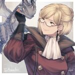  1girl avatar_(ff14) blonde_hair coat collared_jacket commission earrings final_fantasy final_fantasy_xiv fingerless_gloves glasses gloves green_eyes happy highres ivris jewelry midgardsormr neck_stitches red_coat scarf semi-rimless_eyewear signature skeb_commission smile upper_body 