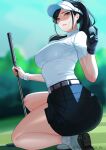  1girl absurdres ball belt black_gloves black_hair black_skirt breasts brown_eyes gloves golf golf_ball golf_club golf_course highres holding holding_ball holding_golf_club kagematsuri kneeling looking_at_viewer medium_breasts miniskirt mole mole_under_eye original parted_lips ponytail revision shirt shoes single_glove skirt sneakers solo thighs visor_cap white_shirt 