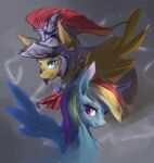  absurd_res armor double-zr-tap duo equid equine female feral flash_magnus_(mlp) friendship_is_magic hasbro headgear helmet hi_res lightning looking_at_viewer looking_away male mammal my_little_pony pegasus rainbow_dash_(mlp) simple_background smile wings 