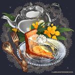  apricot_(fruit) black_background cream doily food food_focus fork garnish gelatin highres le_delicatessen leaf no_humans original pie_slice plate sparkle spoon still_life teapot twitter_username 