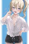  1girl black_shorts blonde_hair blue_eyes blue_nails breasts brushing_teeth character_name cleavage collared_shirt cowboy_shot hand_on_hip hayasaka_ai highres jewelry kaguya-sama_wa_kokurasetai_~tensai-tachi_no_renai_zunousen~ looking_at_viewer nail_polish necklace open_mouth saya_(mychristian2) shirt short_shorts shorts sidelocks solo toothbrush 