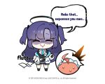  1girl ahoge artist_name bangs black_legwear black_skirt blue_archive blush chibi closed_eyes closed_mouth donmin_h english_text full_body jacket long_hair long_sleeves neru_(blue_archive) official_art purple_hair shaded_face shirt skirt smile socks solo standing sweatdrop two_side_up watermark white_background yuuka_(blue_archive) 