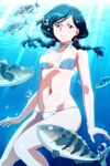  1girl air_bubble aqua_eyes aqua_hair bikini blue_theme braid bubble floating_hair kinomiya_yukari long_hair navel non-web_source official_art photoshop_(medium) rimless_eyewear round_eyewear smile solo super_real_mahjong swimsuit tanaka_ryou twin_braids underwear underwear_only white_bikini 