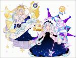  2girls black_gloves blonde_hair blue_dress blue_gloves cookie_run crescent crescent_moon crown dream_catcher dress dual_persona gloves gradient_dress gradient_gloves hakusai_(tiahszld) holding holding_staff humanization long_hair moon moonlight_cookie multicolored_hair multiple_girls official_alternate_costume on_crescent puffy_short_sleeves puffy_sleeves short_sleeves sitting smile staff streaked_hair very_long_hair white_gloves white_hair 