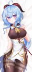  1girl absurdres ahoge ass_visible_through_thighs bangs bare_arms bed_sheet bell black_legwear blue_hair blush bodystocking bodysuit breasts chinese_knot eyebrows_visible_through_hair flower_knot ganyu_(genshin_impact) genshin_impact gold_trim highres horns large_breasts long_hair looking_at_viewer lying min1910 neck_bell no_gloves on_back parted_lips purple_eyes sidelocks sleeveless solo thigh_gap thighlet 