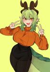  clothing dragon_tail female gesture green_hair hair hi_res horn horned_humanoid humanoid oniiyanna solo sweater topwear v_sign 