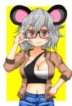  1girl alternate_breast_size alternate_costume animal_ears bangs bespectacled black-framed_eyewear black_tube_top blue_pants blush breasts brown_jacket cleavage clenched_hand commentary_request cookie_(touhou) cowboy_shot eyebrows_visible_through_hair glasses grey_hair hair_between_eyes hand_on_hip jacket large_breasts looking_at_viewer midriff mouse_ears mouse_girl navel nazrin nyon_(cookie) ohitashi_(nicoseiga3680021) open_clothes open_jacket pants parted_lips red_eyes short_hair smile solo strapless touhou tube_top two-tone_background white_background white_tube_top yellow_background zipper 
