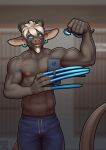  2022 5_fingers anthro areola biped claws clothed clothing detailed_background digital_media_(artwork) ear_piercing facial_piercing fingers flexing gauged_ear hair hi_res horn lip_piercing long_claws longblueclaw male muscular muscular_anthro muscular_male nipples piercing solo standing topless 