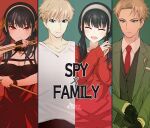  black_dress blonde_hair closed_eyes dress green_eyes hair_ornament hairband highres looking_at_viewer multiple_persona red_eyes sidelocks spy_x_family twilight_(spy_x_family) y-chan yor_briar 