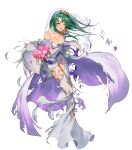  1girl breasts bridal_veil cecilia_(fire_emblem) collarbone dress fire_emblem fire_emblem:_the_binding_blade fire_emblem_heroes full_body gold_trim green_eyes green_hair hair_ornament highres kainown large_breasts long_hair non-web_source official_art one_eye_closed sidelocks strapless strapless_dress torn_clothes torn_dress transparent_background veil wedding_dress white_dress 