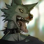  absurd_res beastars blood bodily_fluids canid canine canis clothing collar fangs hi_res legoshi_(beastars) male mammal piercing solo spiked_collar spikes tongue torn_clothing valentitans wolf 