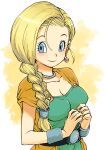  1girl belt bianca_(dq5) blonde_hair blue_eyes blush bracelet breasts cape choker cleavage collarbone dragon_quest dragon_quest_v dress earrings green_dress highres jewelry large_breasts long_hair looking_at_viewer muramasa_mikado orange_cape side_ponytail smile solo upper_body 