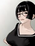  1girl absurdres bangs black_eyes black_hair black_shirt blunt_bangs bob_cut breast_hold breasts collarbone covered_nipples glasses highres hiramedousa lips looking_at_viewer medium_breasts mole original round_eyewear shirt smile solo v-neck 