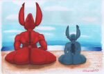  2022 alien anthro anthrofied back_markings beach big_butt biped blue_body butt day disney duo ear_markings experiment_(lilo_and_stitch) experiment_627 facial_markings head_markings larger_anthro larger_male lilo_and_stitch lovemet123_(lovemet_room) male markings muscular muscular_anthro muscular_male notched_ear nude occipital_markings outside rear_view red_body seaside sitting size_difference small_tail smaller_anthro smaller_male stitch_(lilo_and_stitch) traditional_media_(artwork) 