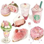  cake cherry_blossom_chiffon_cake cherry_blossoms chiffon_cake cinnamon_roll croissant cup disposable_cup drinking_glass drinking_straw food food_focus frappuccino fruit highres kailene matcha_(food) mochi mont_blanc_(food) original parfait pickled_cherry_blossom pink_theme soda starbucks still_life strawberry swiss_roll whipped_cream white_background 
