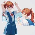  1girl adjusting_hair bangs blue_eyes blue_skirt hair_between_eyes hajikkoneko highres long_hair neck_ribbon neon_genesis_evangelion orange_hair ponytail red_ribbon ribbon school_uniform short_sleeves simple_background skirt solo souryuu_asuka_langley sweat tokyo-3_middle_school_uniform white_background 